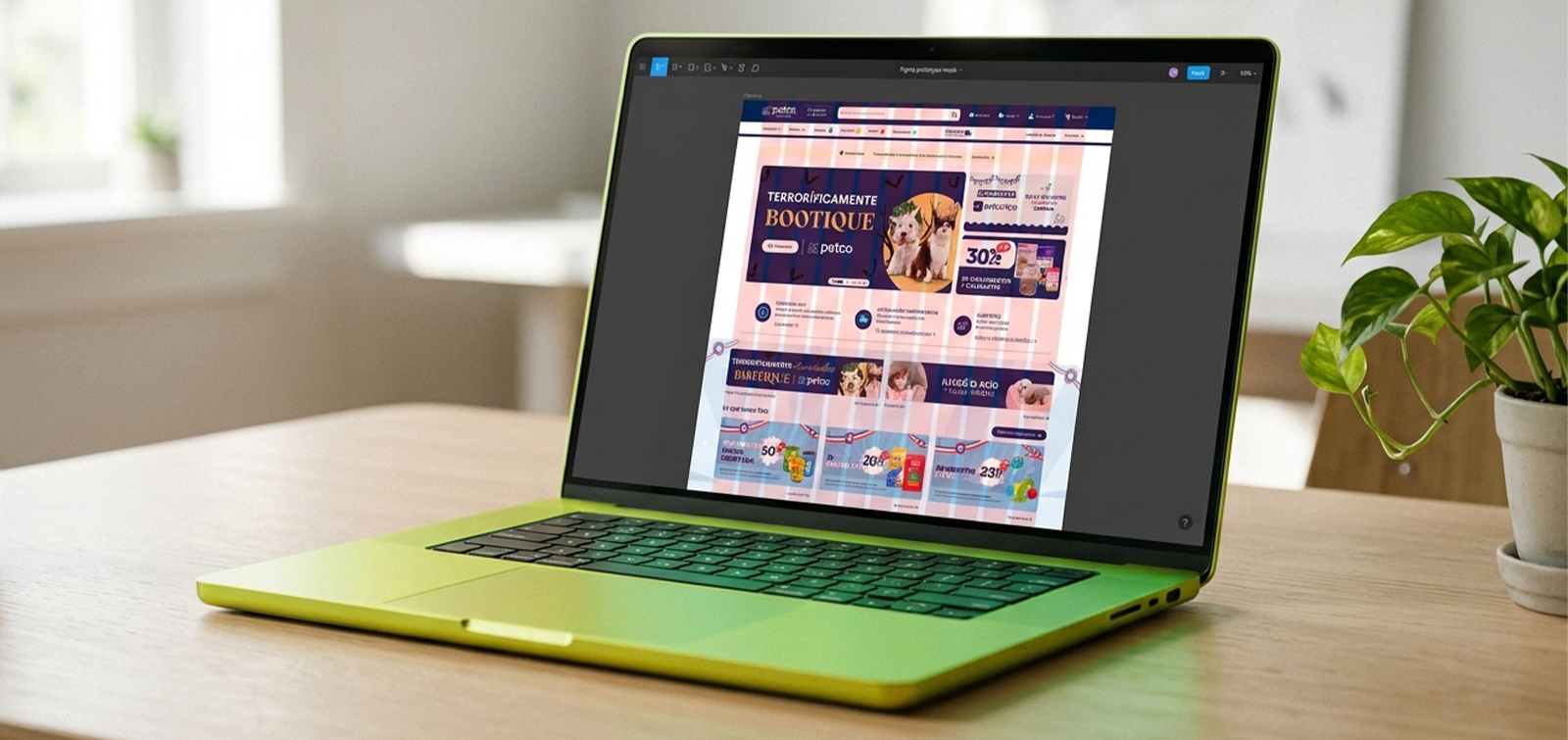 Laptop con el diseño del Home de petco.cl abierto en Figma y la retícula de columnas encima: el showcase con sus laterales, la barra de propuesta de valor y los módulos de banner alineados a las columnas.