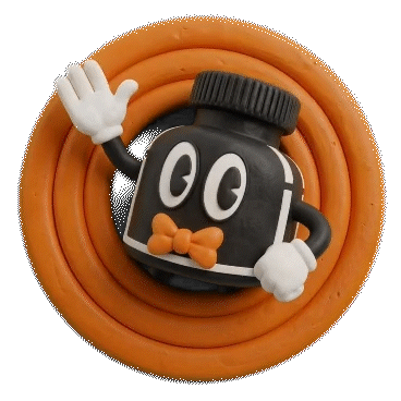 Personaje ilustrado: un tintero con moño naranja que saluda desde unos anillos naranjas